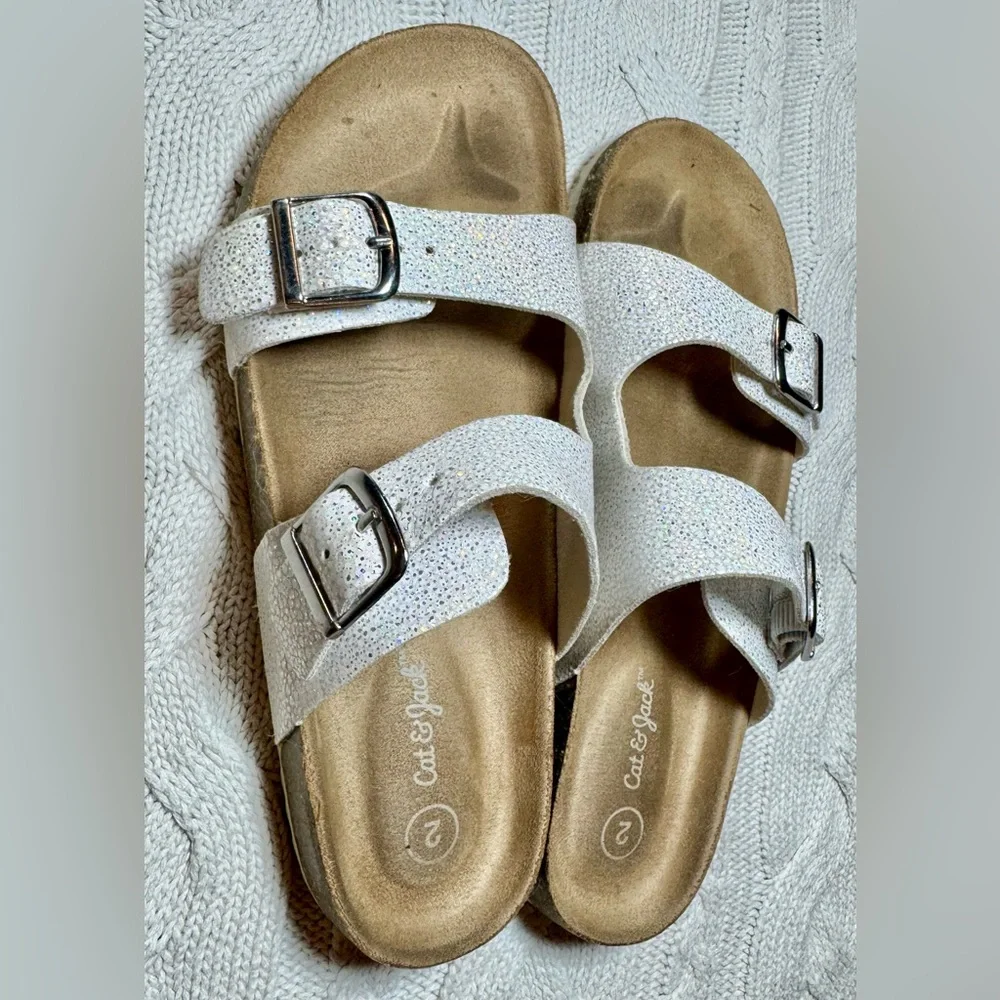 Girls Cat & Jack White Glitter Buckle Slip On Sandals #1164